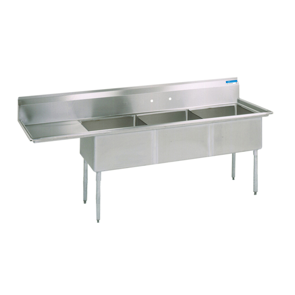 Bk Resources 29.8125 in W x 80.5 in L x Free Standing, Stainless Steel, Three Compartment Sink BKS-3-1824-14-24L